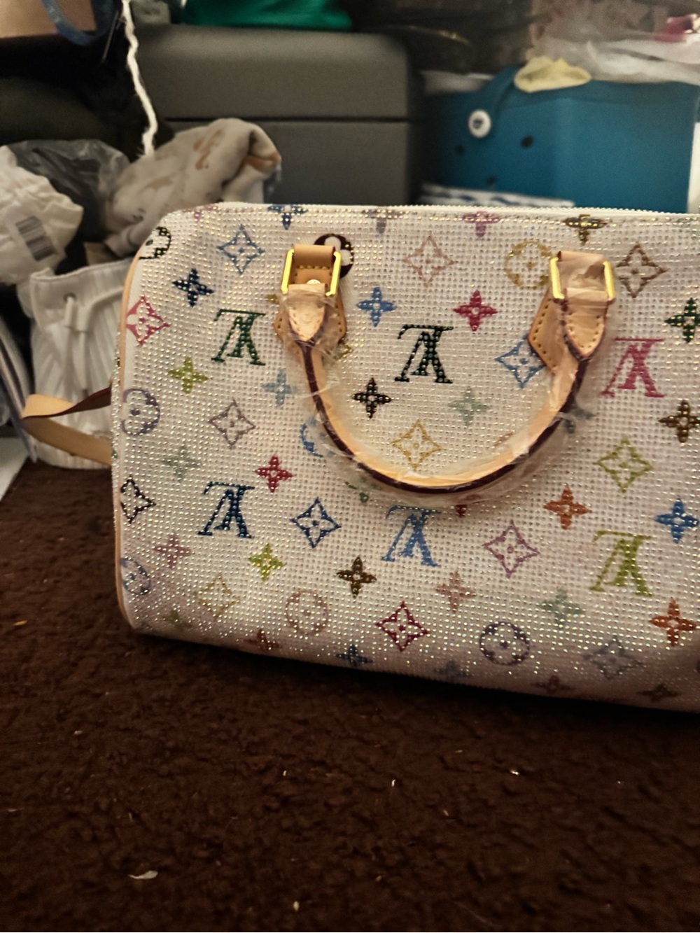 White Multicolor Canvas Satchel with Natural Leather Handles - Picture 2 of 11